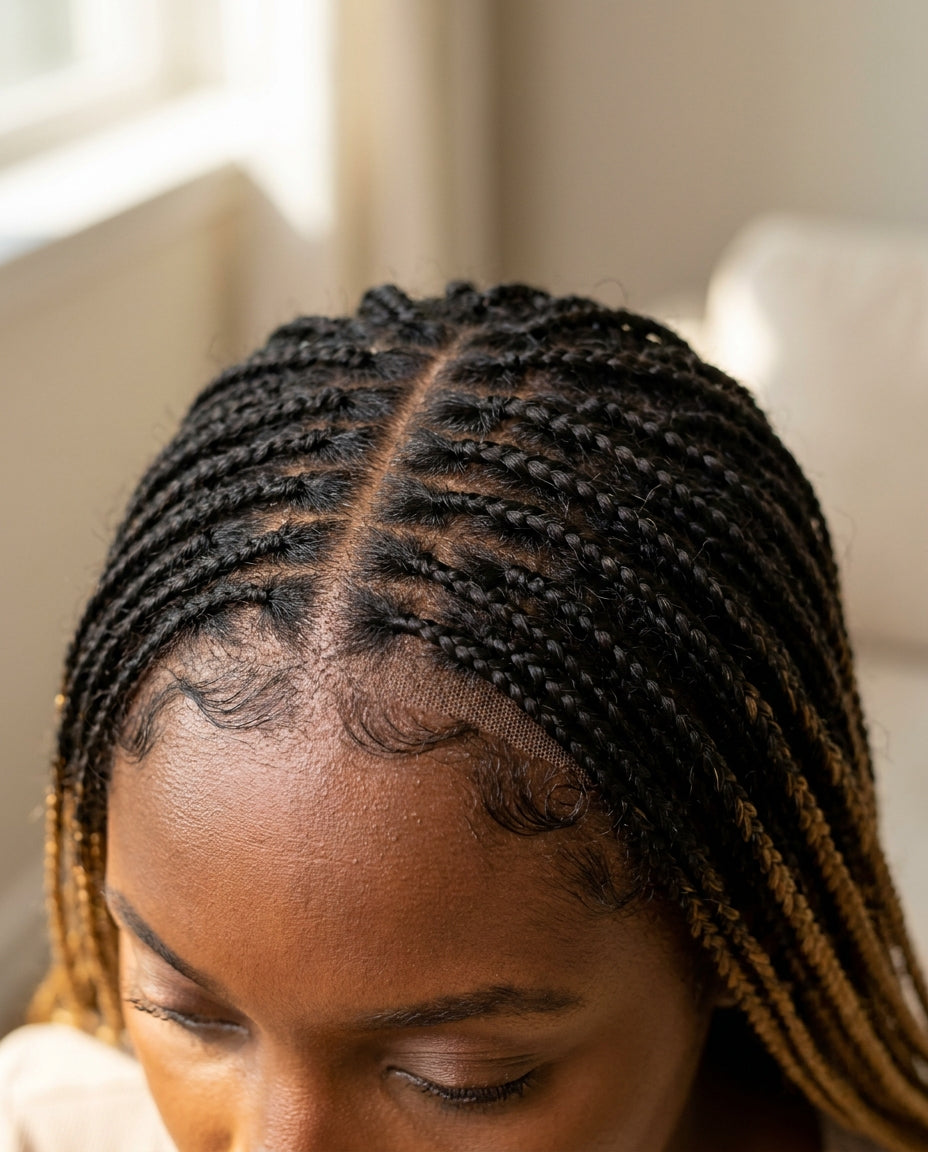 Halora knotless braids scalp close-up — looks like the braids grew from her scalp
