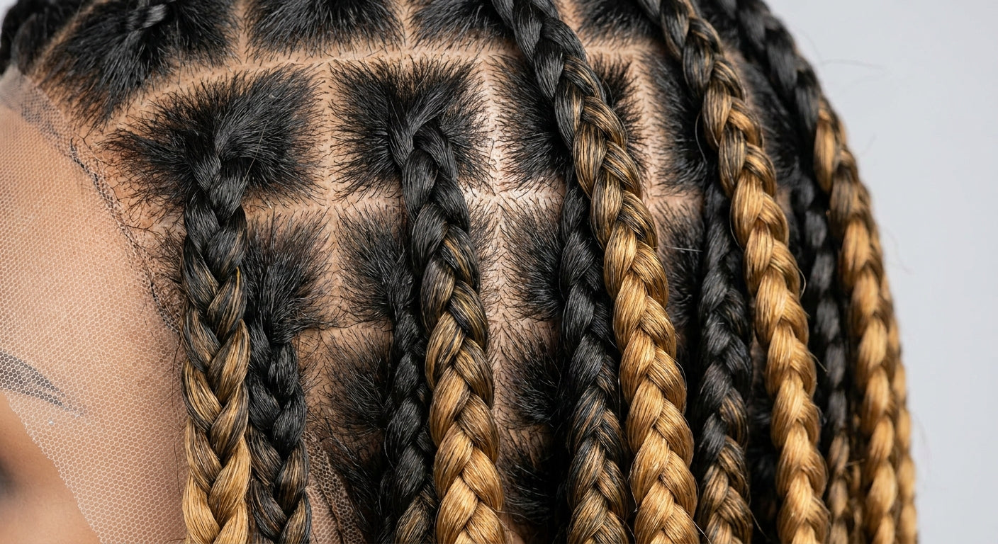 Knotless box braid pattern detail on scalp